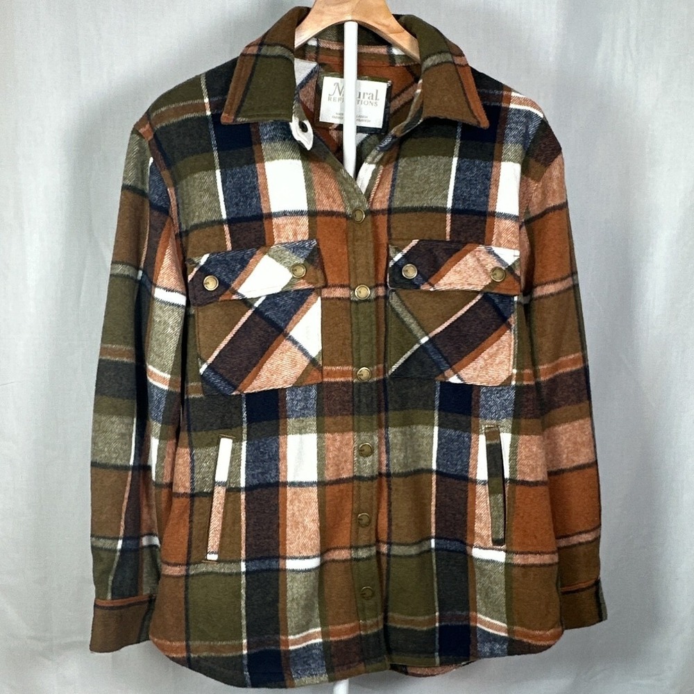 Natural Reflections Mens Plaid Flannel Shirt Jacket Brown Green Wool Blend M